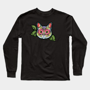 Grey Tabby Cat - Day of the Dead Sugar Skull Kitty Long Sleeve T-Shirt